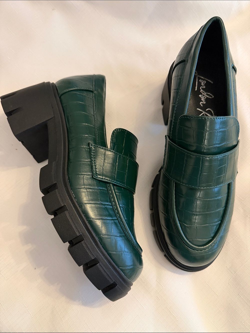 LONDON RAG - Chunky Green Croc-Embossed Loafers - Ladies
